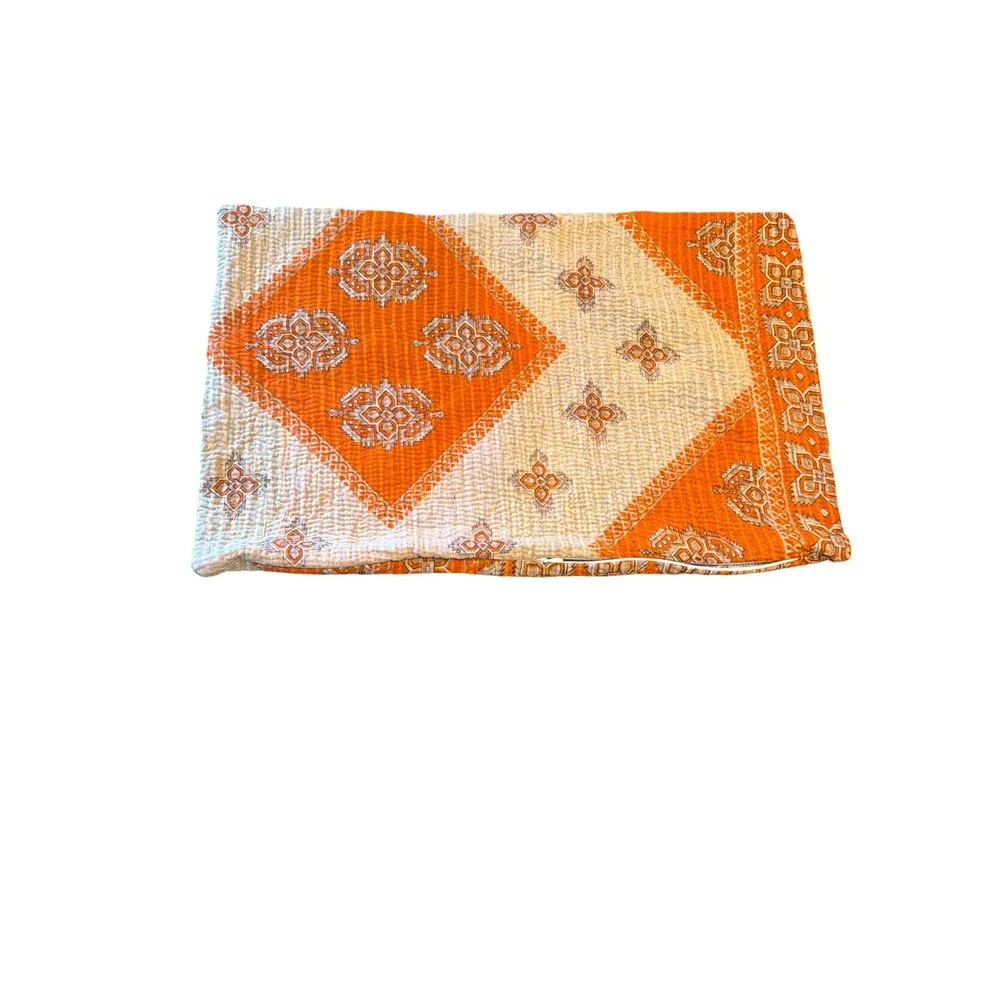 Kantha Pillow Cover Orange Cream Medallion Hand Stitched Boho 12x20